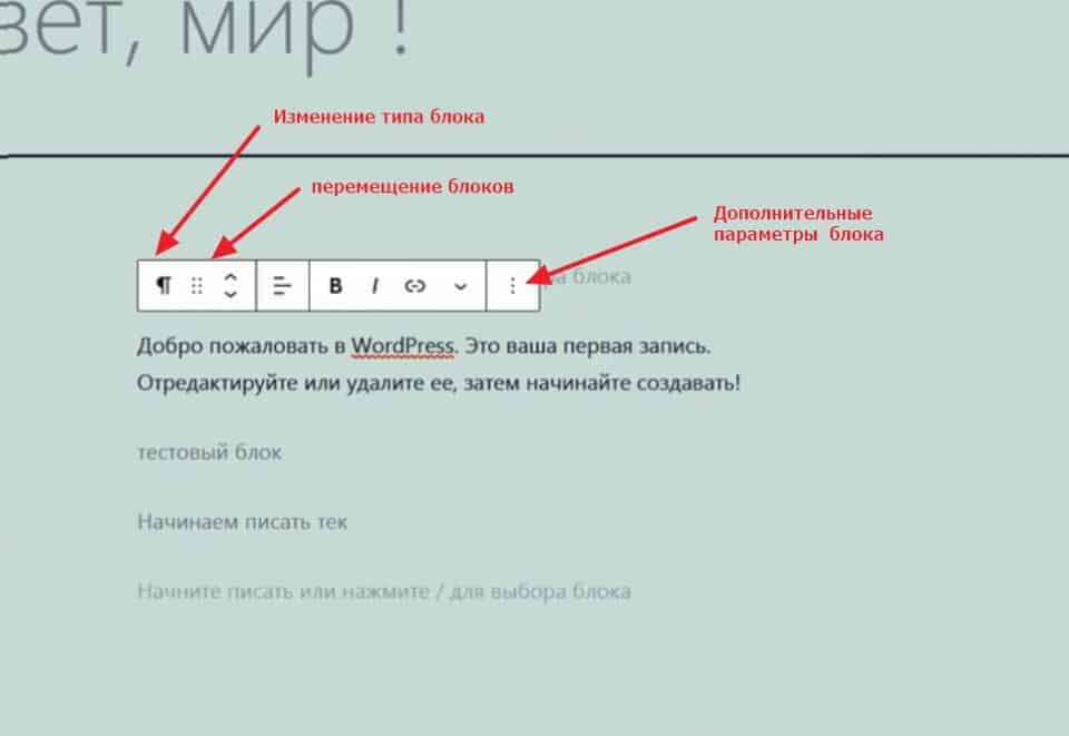 Меню блока редактора Гуттенберг